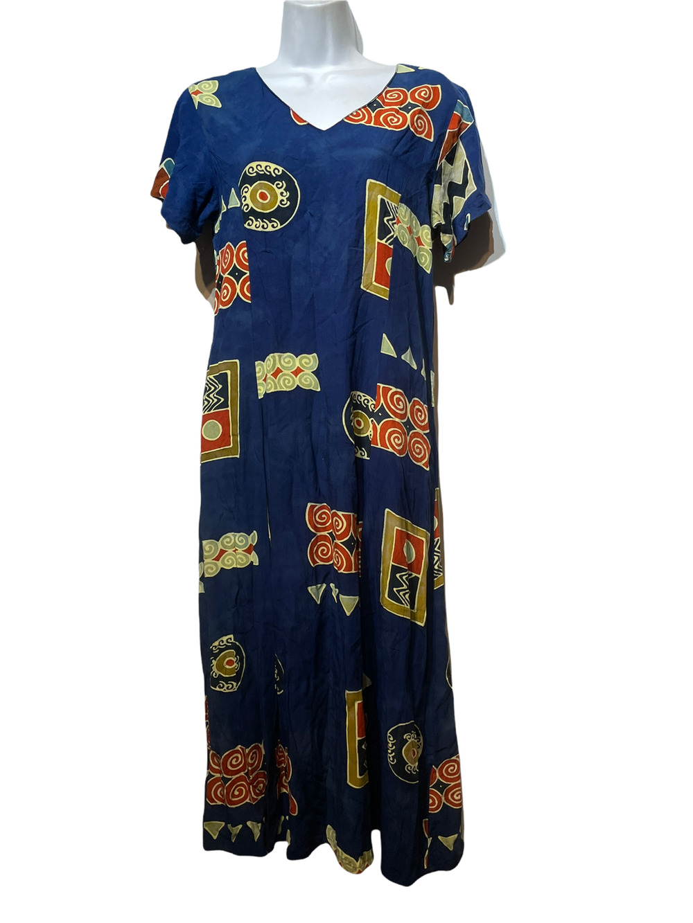 aloha hut blue geometric short sleeve V-neck long maxi dress Size S